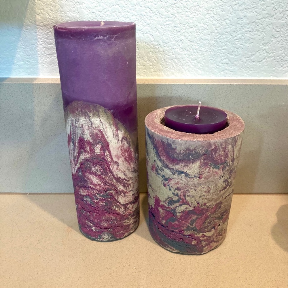 Hand Crafted cement candle and candle holder.